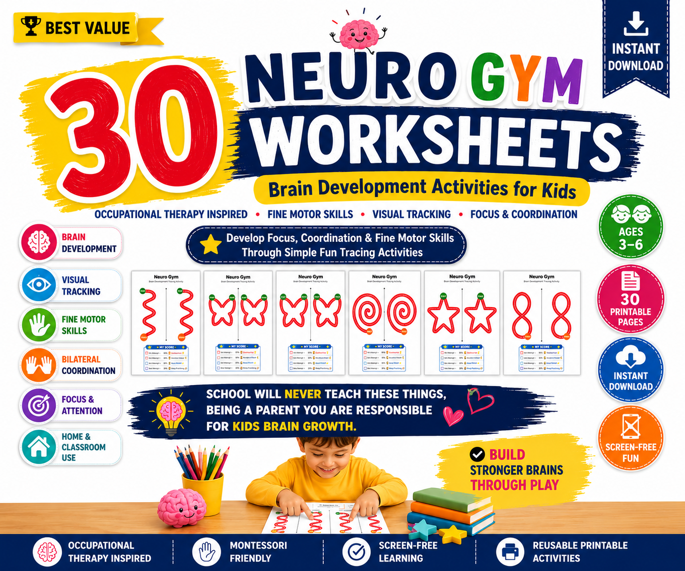 30 Neuro Gym Worksheets | 1 Month Brain Development Activities for Kids (Ages 2–7) | Printable PDF.